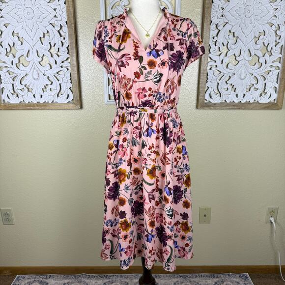 J. Crew | Pink Floral Cinched Waist Popover Midi Dress Cap Sleeve Ruffled XS - Picture 1 of 9